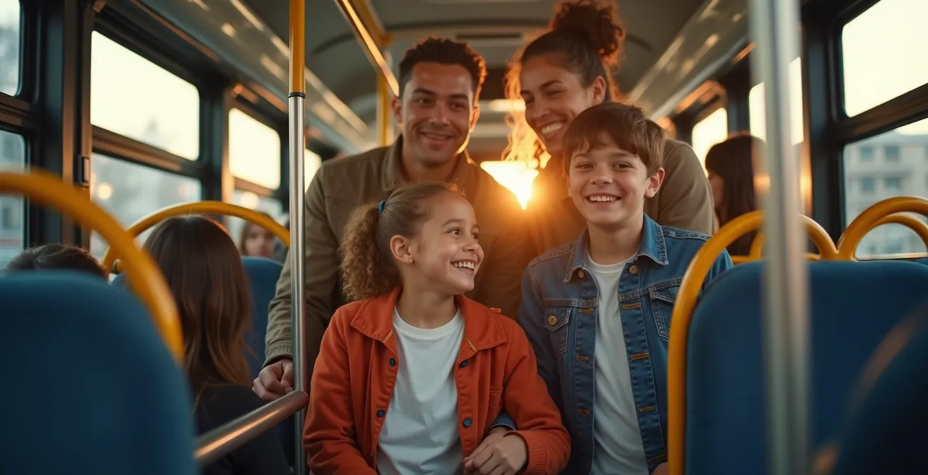 Famille de quatre personnes (deux enfants) montant dans un bus avec assistance, parents souriant, environnement urbain sécurisé