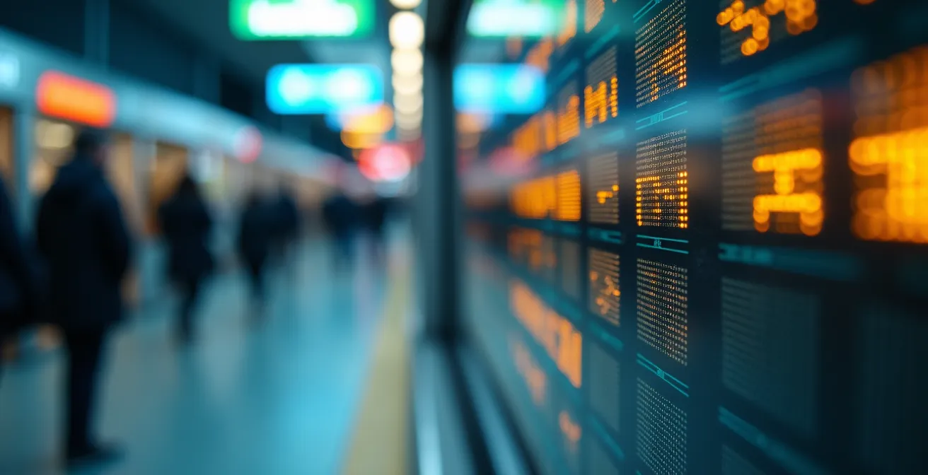 Vue macro serrée d'un tableau d'affichage numérique en gros plan montrant les horaires de départ, avec textures métalliques floues