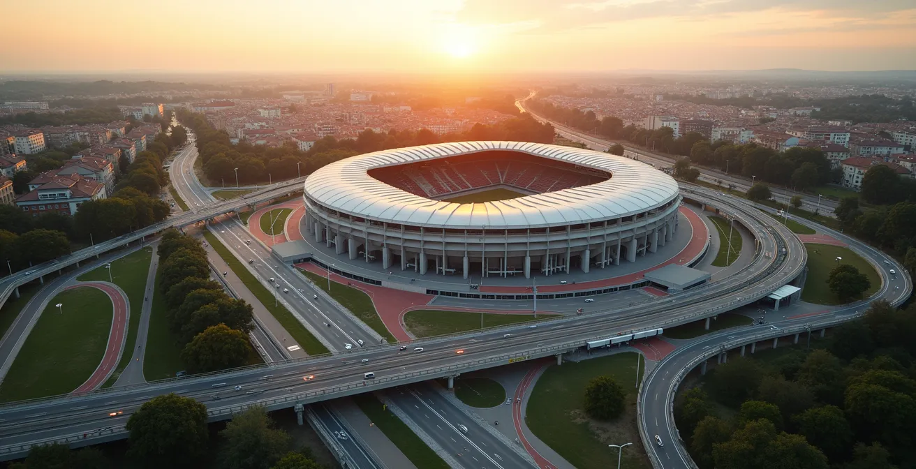 Vue aérienne du Stade Ernest Wallon avec plusieurs modes de transport convergents vers le stade (métro, bus, vélos, voitures)