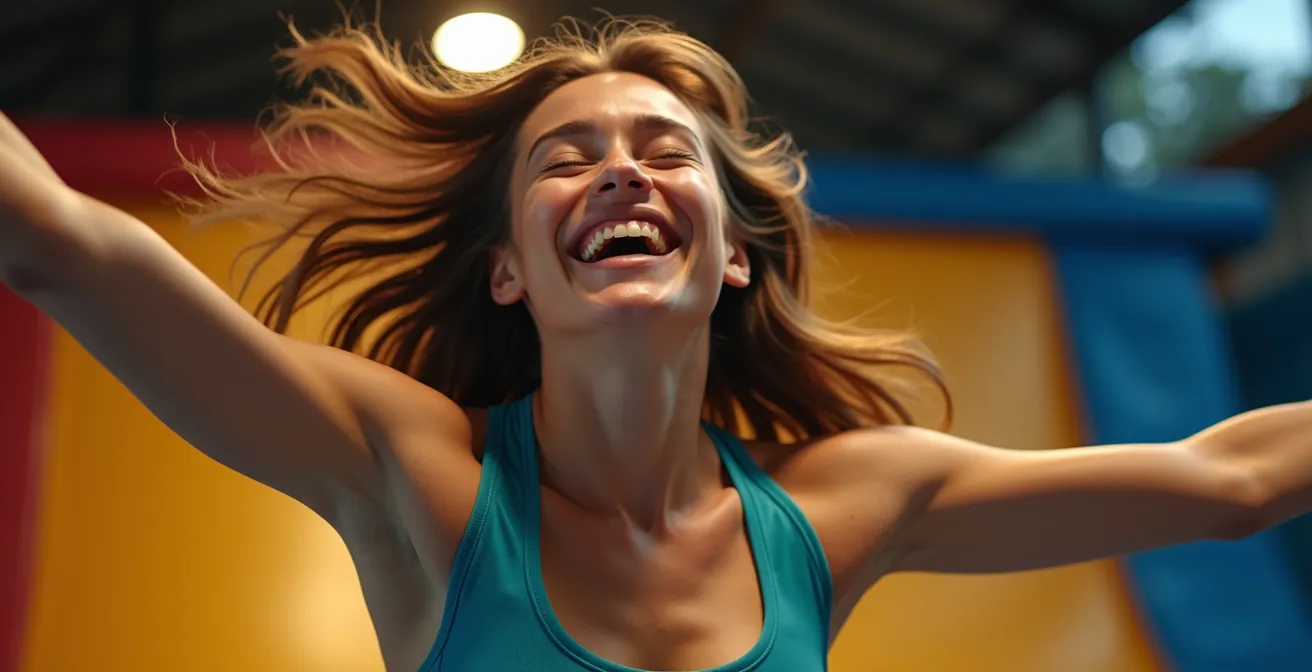Adulte en plein saut libéré sur trampoline montrant l'expression du lâcher-prise