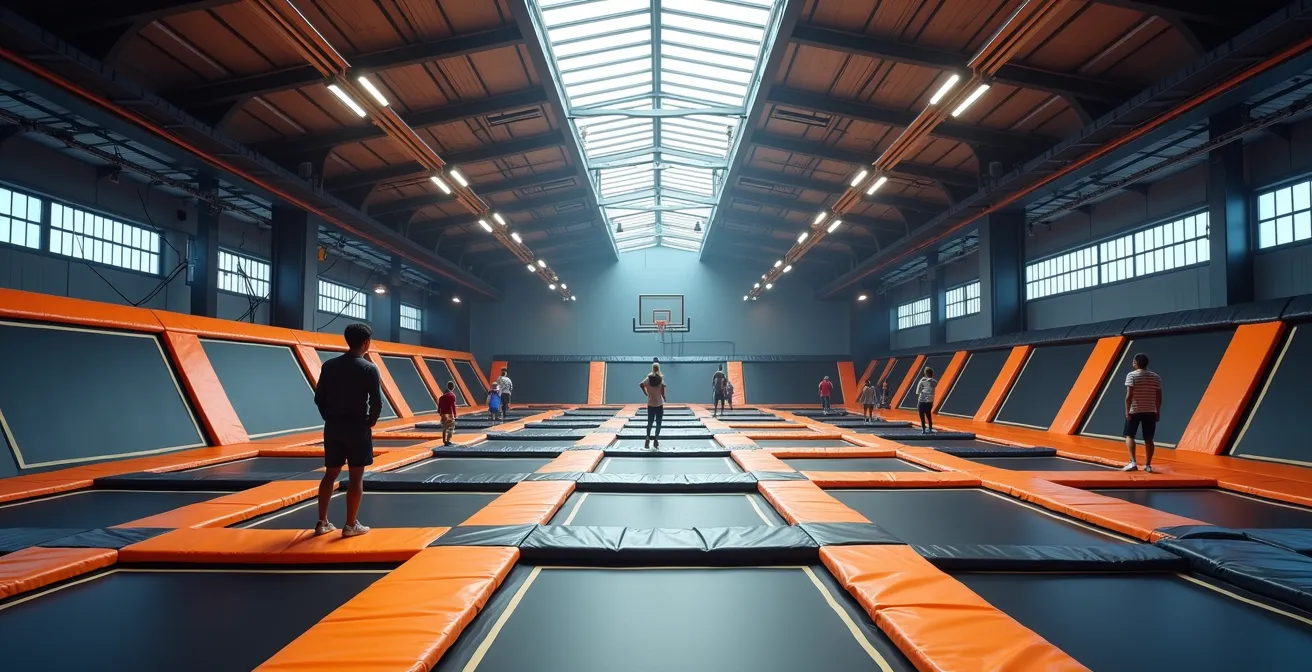 Vue architecturale d'un parc de trampolines moderne avec espaces ouverts