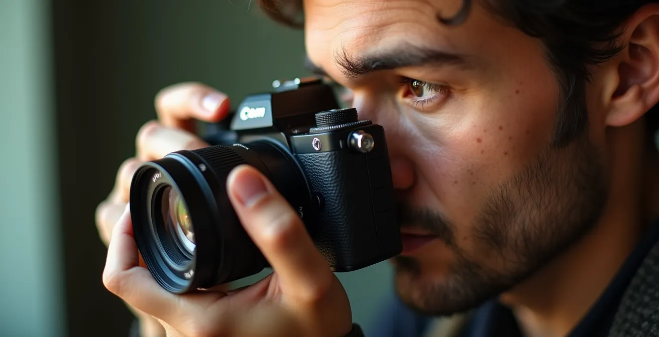 Photographe regardant à travers le viseur d'un reflex dans une atmosphère contemplative