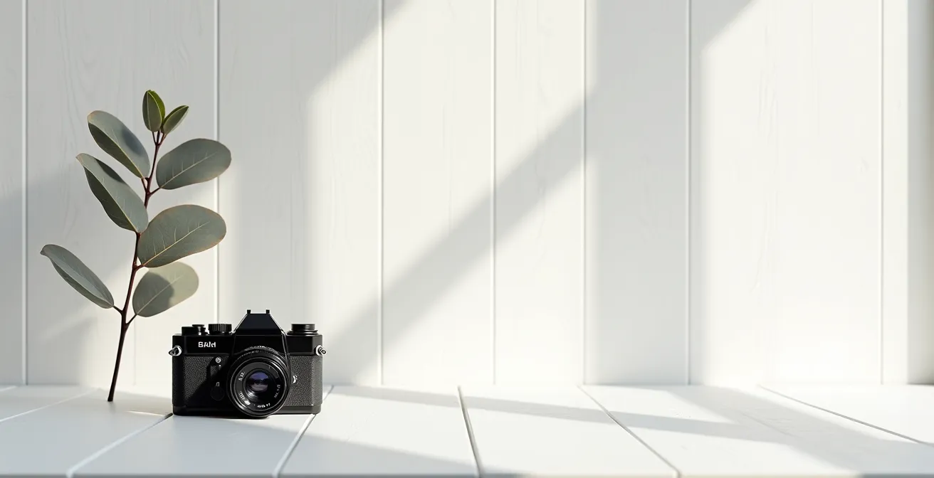 Appareil reflex posé sur table en bois avec espace négatif créatif