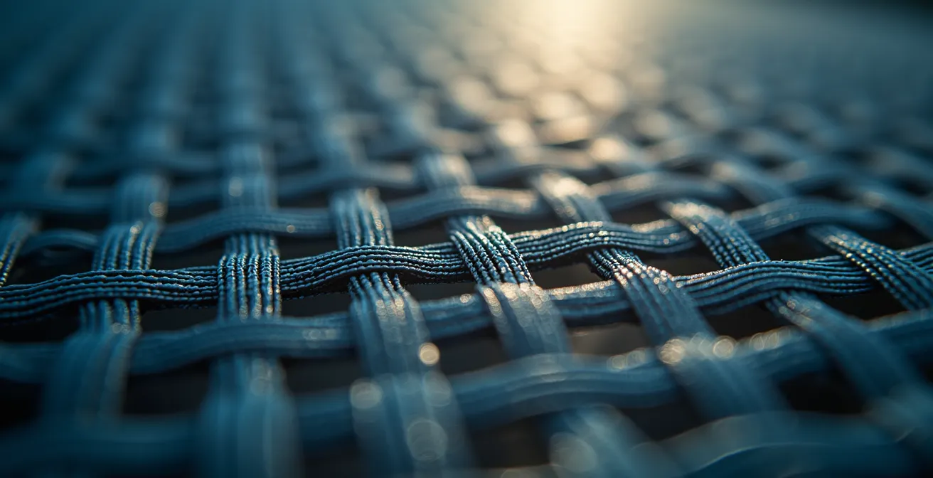 Détail macro de la texture élastique d'un trampoline professionnel