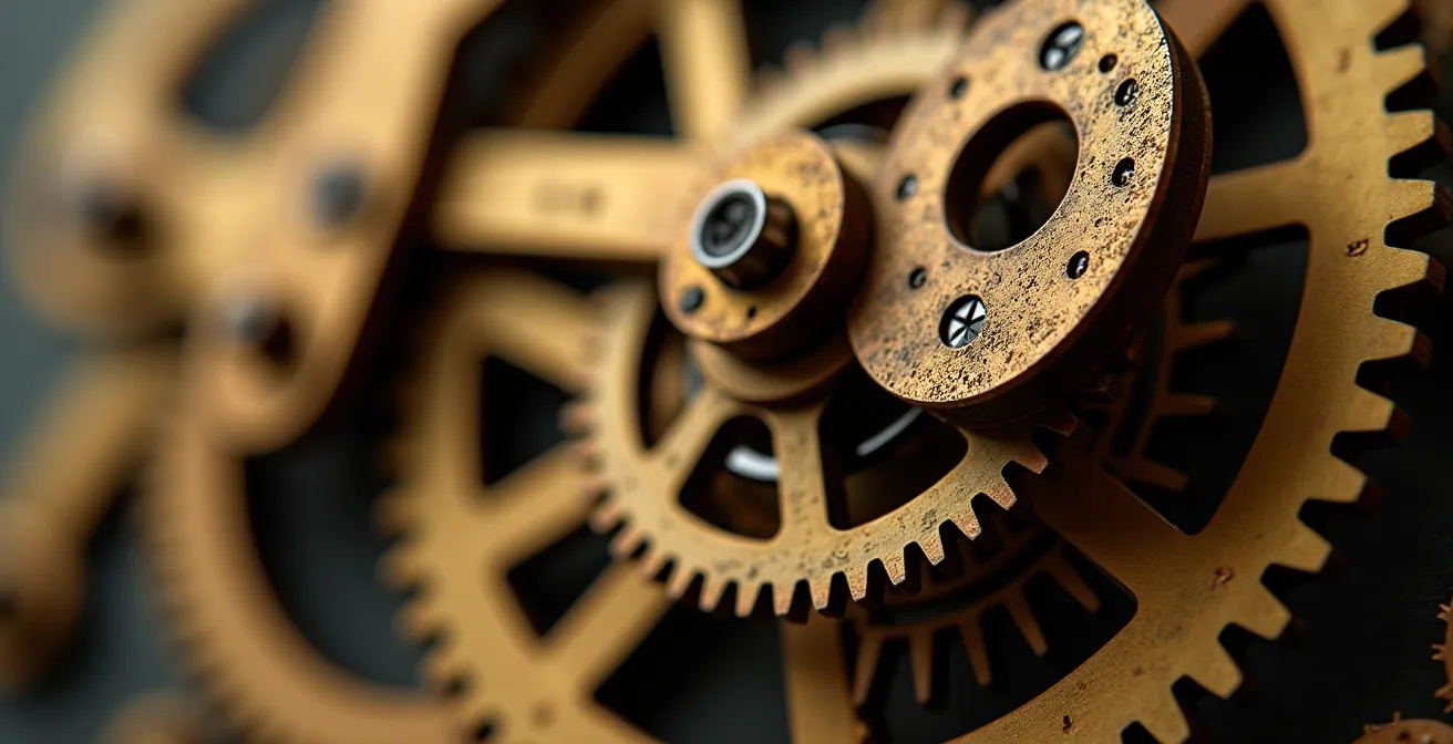 Gros plan sur des engrenages dorés et des mécanismes complexes d'une énigme
