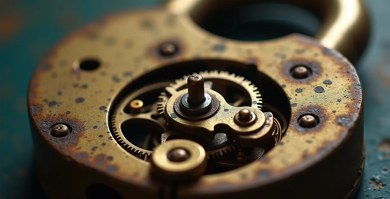Vue macro d'un mécanisme de serrure ancienne avec ses engrenages complexes