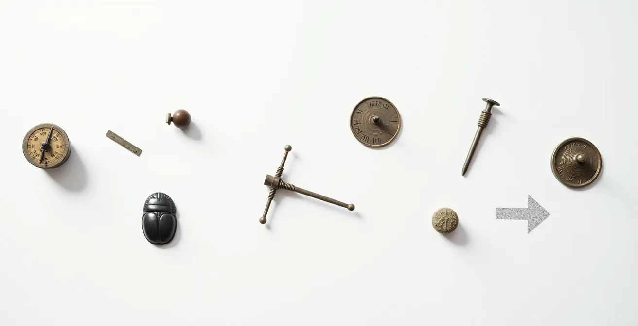 Vue aérienne minimaliste d'objets symbolisant différentes thématiques d'escape game