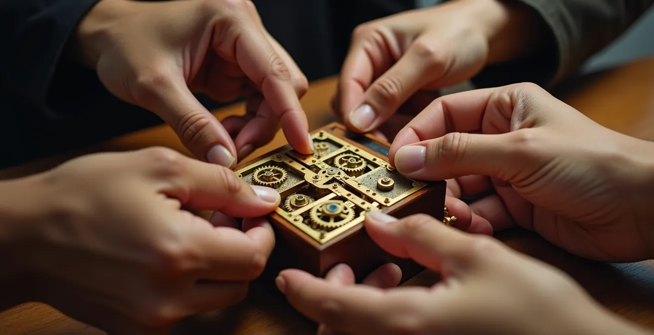Gros plan sur des mains travaillant ensemble sur un mécanisme complexe