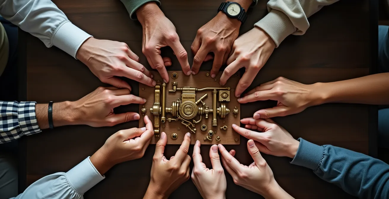 Plusieurs mains de différentes générations assemblant ensemble un puzzle complexe