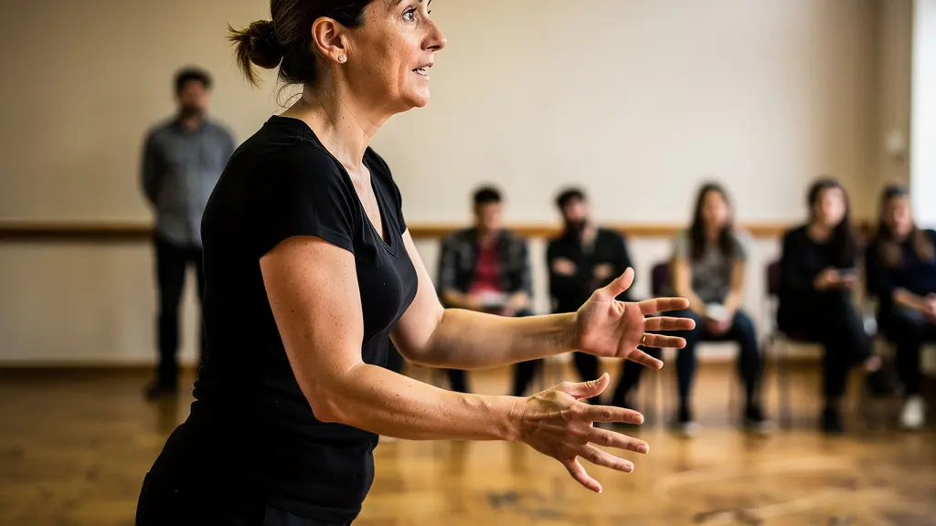 Femme adulte en exercice d'expression lors d'un atelier théâtre développement personnel