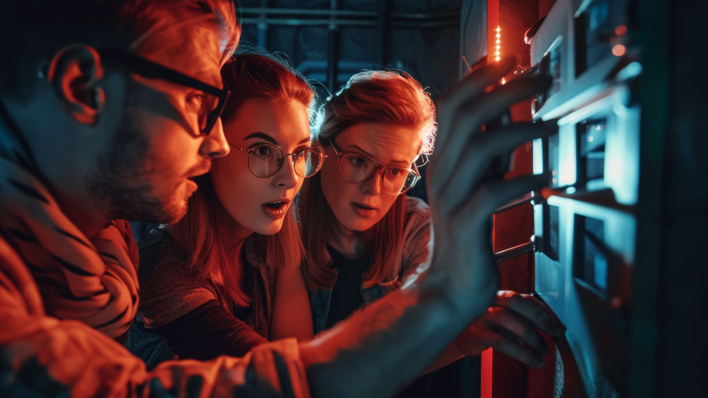 Salle d'escape game classique vide avec énigmes sur table, ambiance neutre et lumineuse