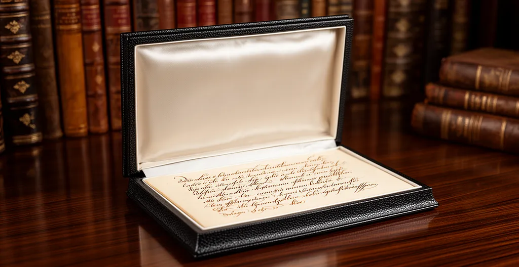 Coffret ouvert révélant un fac-similé de manuscrit La Peste sur bureau de collectionneur