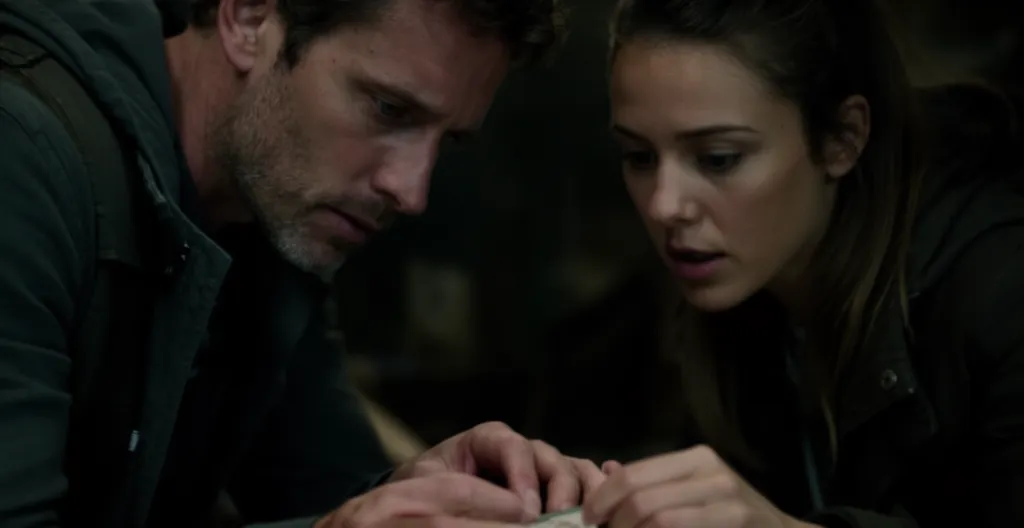 Petit groupe de deux amis, expressions concentrées et légèrement tendues, examinant un indice dans décor sombre