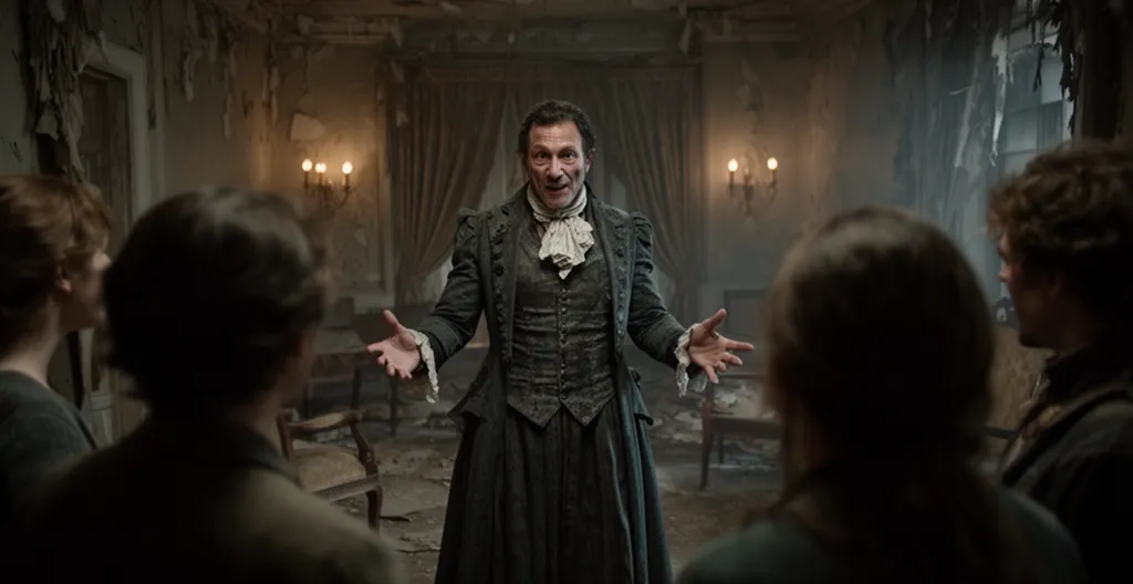 Acteur game master en costume d'époque, interaction en cours avec groupe hors champ, décor immersif type manoir abandonné