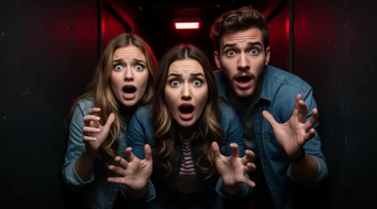 Trois amies européennes, expressions mêlées de peur et d'excitation, couloir sombre d'escape room éclairé de lumières rouges tamisées