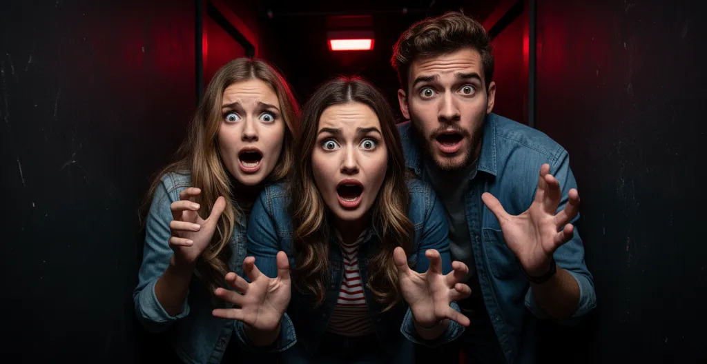 Trois amies européennes, expressions mêlées de peur et d'excitation, couloir sombre d'escape room éclairé de lumières rouges tamisées