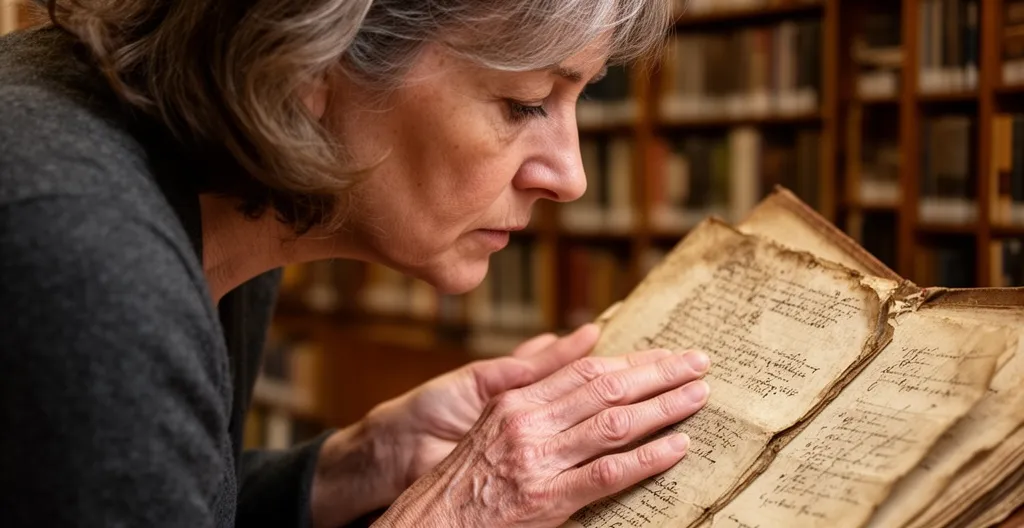 Personne consultant des pages manuscrites anciennes dans une bibliothèque avec attention