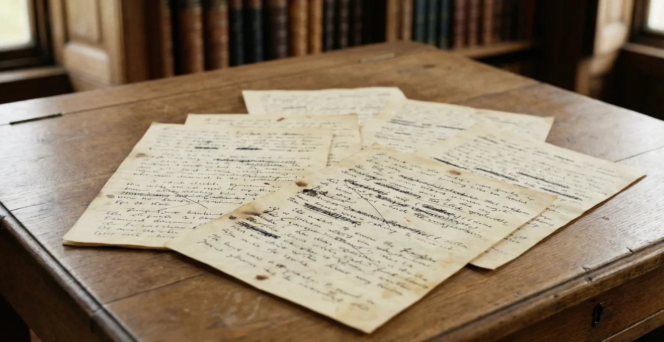 Pages manuscrites anciennes de La Peste posées sur bureau en bois avec traces d'encre et ratures visibles