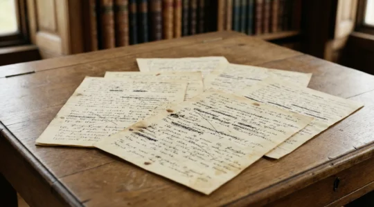 Pages manuscrites anciennes de La Peste posées sur bureau en bois avec traces d'encre et ratures visibles