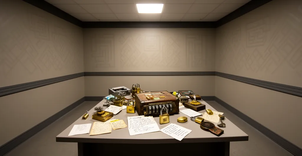 Salle d'escape game classique vide avec énigmes sur table, ambiance neutre et lumineuse