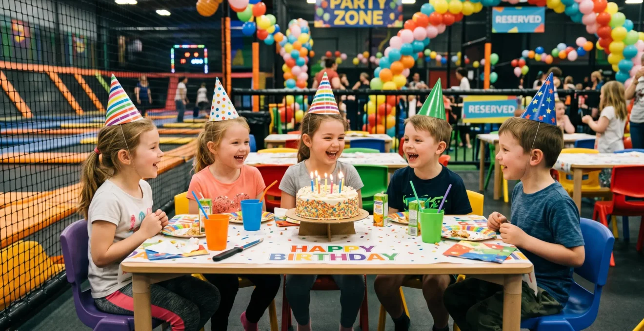 Un groupe d'enfants autour d'une table d'anniversaire dans un espace réservé d'un parc de trampolines.