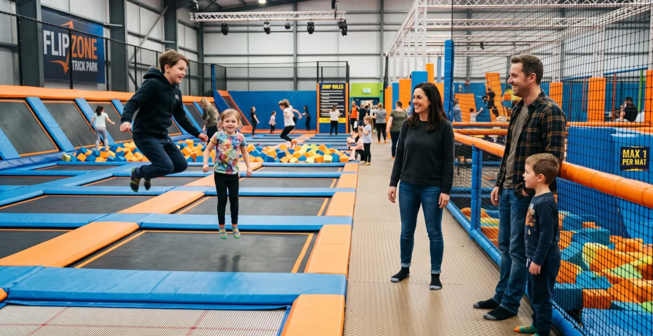 Deux enfants sautent sur des trampolines dans un parc intérieur pendant que leurs parents regardent.