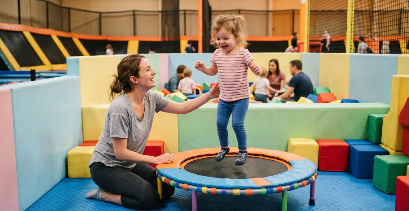 Une mère accompagne son jeune enfant sur un mini-trampoline dans une zone réservée aux tout-petits.