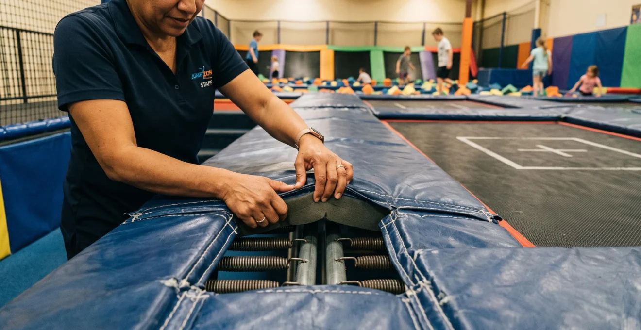 Une main vérifie l'épaisseur du rembourrage de sécurité entre deux trampolines.